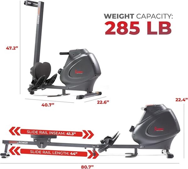 Sunny Health & Fitness Multi-Function Premium Magnetic Rowing Machine, Bicep Curls, Upward Rows, Seated Rows, Foldable Slide Rails, Digital Monitor and Optional Bluetooth with Free SunnyFit App - Image 4