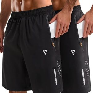 2 Pack Mens Athletic Shorts Quick Dry 7 Inch Running Shorts Breathable Mesh Gym Workout Shorts with Zipper Pockets