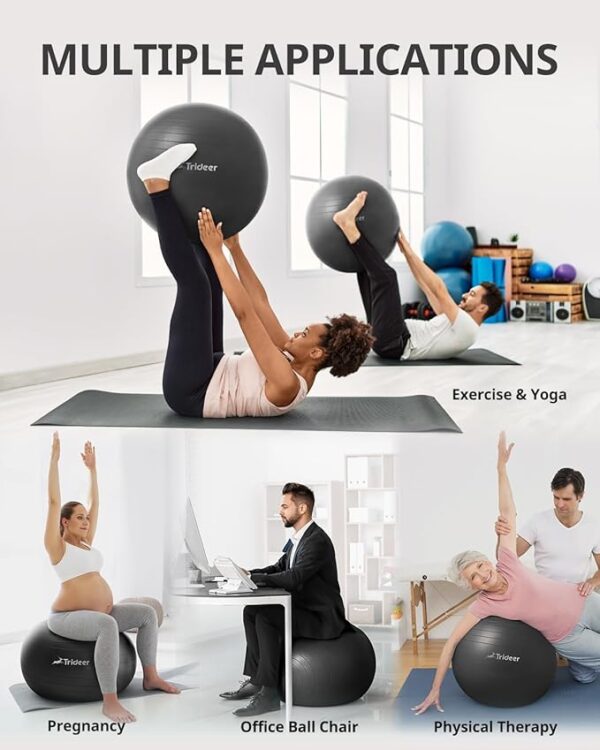 Trideer Extra Thick Yoga Ball Exercise Ball, 5 Sizes Gym Ball, Heavy Duty Ball Chair for Balance, Stability, Pregnancy, Quick Pump Included - Image 2