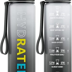 Water Bottle with Straw, 32oz Motivational Water Bottles with Time Marker to Drink, Tritan BPA Free, 1L Sports Water Bottle with Carry Strap LeakProof for Women Gym Fitness Outdoor (1 Pack)