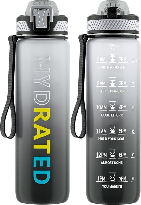 Water Bottle with Straw, 32oz Motivational Water Bottles with Time Marker to Drink, Tritan BPA Free, 1L Sports Water Bottle with Carry Strap LeakProof for Women Gym Fitness Outdoor (1 Pack)