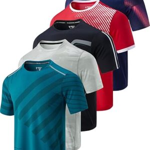 5 Pack Men’s Active Quick Dry Crew Neck T Shirts | Athletic Running Gym Workout Short Sleeve Tee Tops Bulk